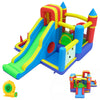Colorful inflatable bounce house featuring a slide, ball pit, climbing wall, and various games for kids' outdoor fun.