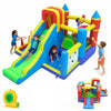 Colorful 7-in-1 inflatable bounce house with slide, ball pit, climbing wall, and games for kids' indoor or outdoor fun.
