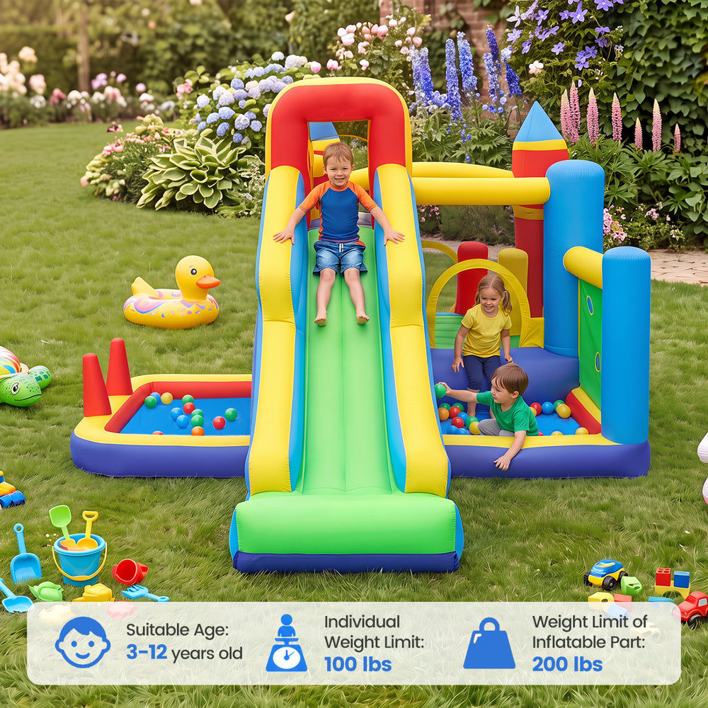Colorful inflatable bounce house with slide, ball pit, climbing wall, and multiple activities for kids aged 3-12 outdoors.