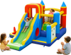 Colorful inflatable bounce house with slide, ball pit, climbing wall, and multiple games for kids' outdoor fun.