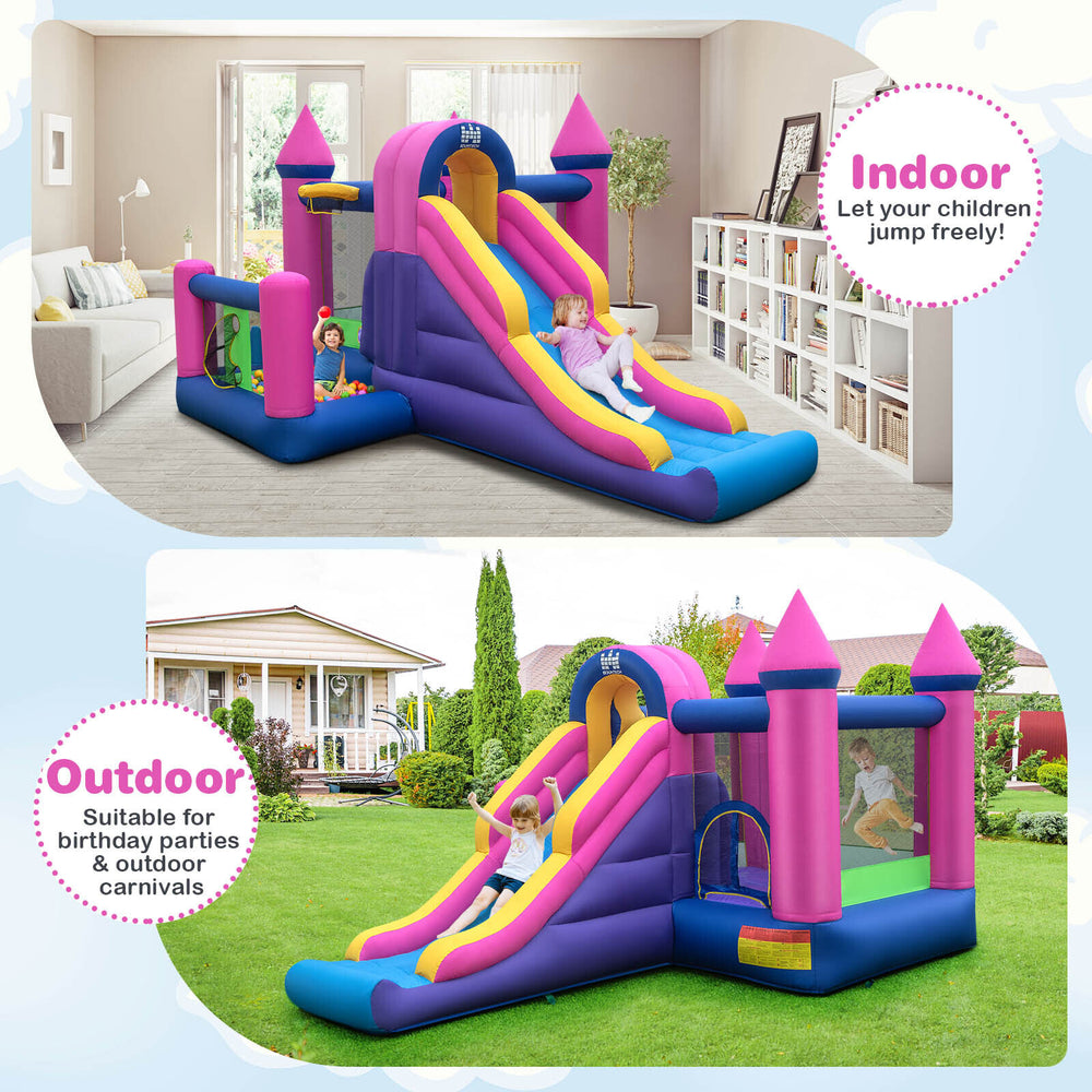 7-in-1 kids inflatable bounce house with long slide, suitable for indoor and outdoor fun at parties and carnivals.