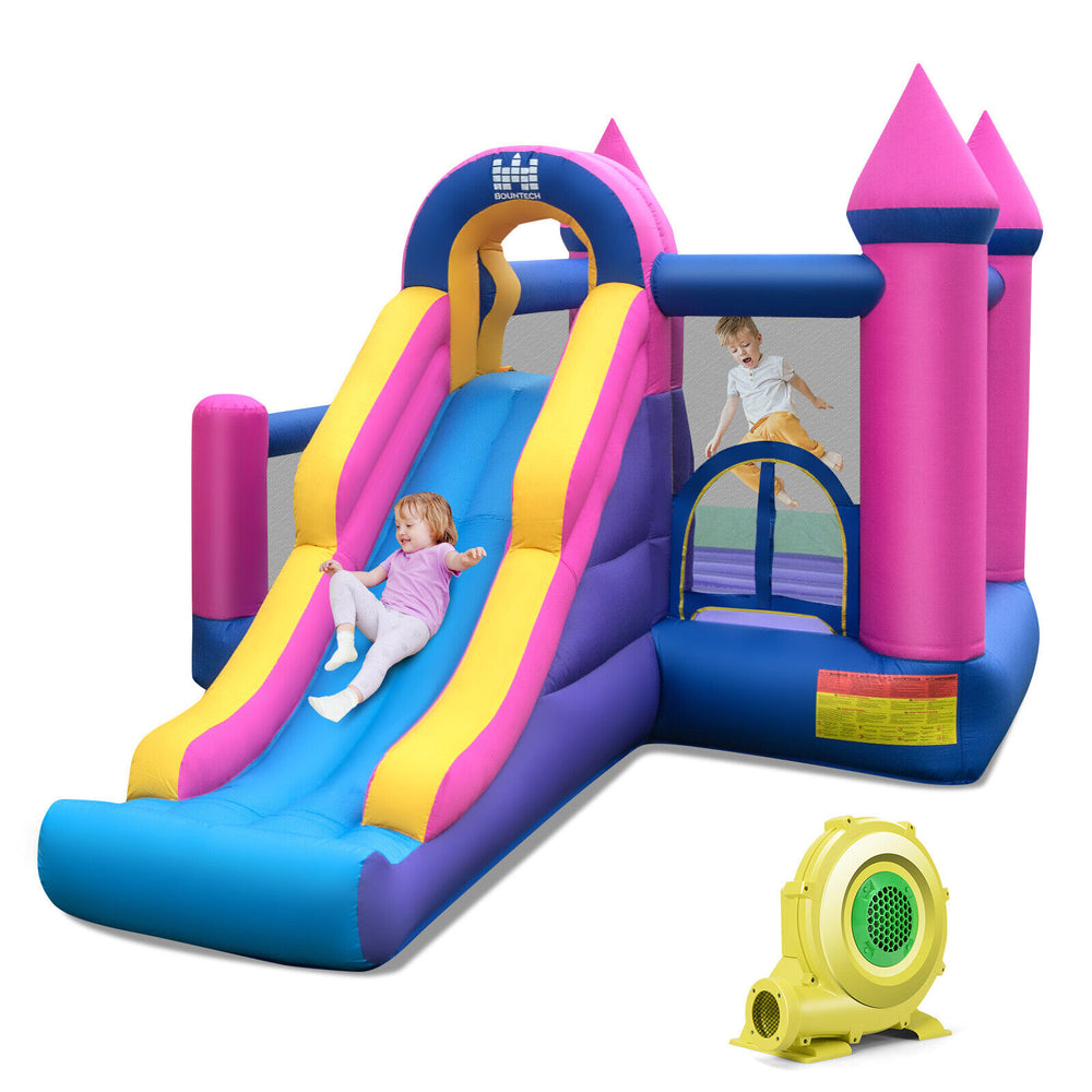 Kids inflatable bounce house with slide, basketball, and mesh walls for supervision, includes 735W blower for quick.