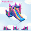 7-in-1 kids inflatable bounce house with long slide, featuring mesh walls and safety guardrails for outdoor fun.
