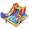 Colorful 7 in 1 outdoor inflatable bounce house features water slides, splash pools, and a climbing wall for backyard fun.