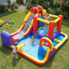 Colorful 7 in 1 outdoor inflatable bounce house features water slides, splash pools, and climbing wall for backyard fun.