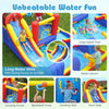 Inflatable bounce house with water slides, splash pools, climbing wall, and basketball hoop for outdoor fun.