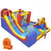 Colorful 7 in 1 outdoor inflatable bounce house with water slides, splash pools, and a powerful 680W blower for backyard fun.
