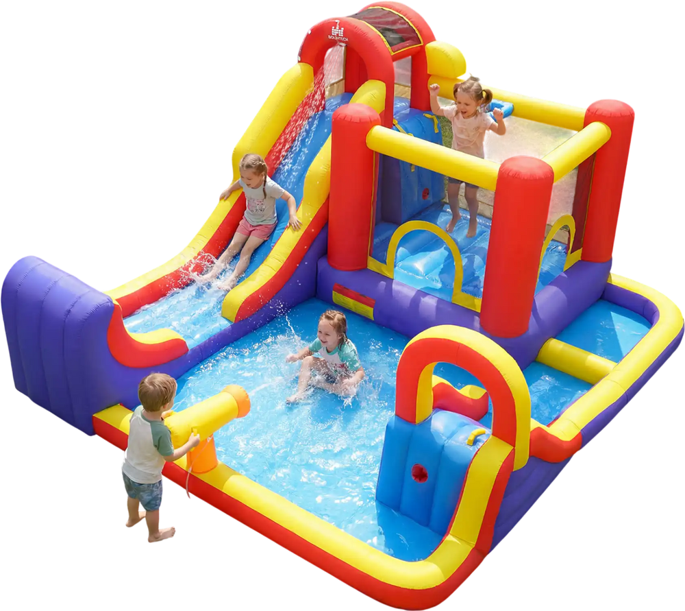 Colorful 7 in 1 outdoor inflatable bounce house with water slides and splash pools, perfect for backyard fun and entertainment.