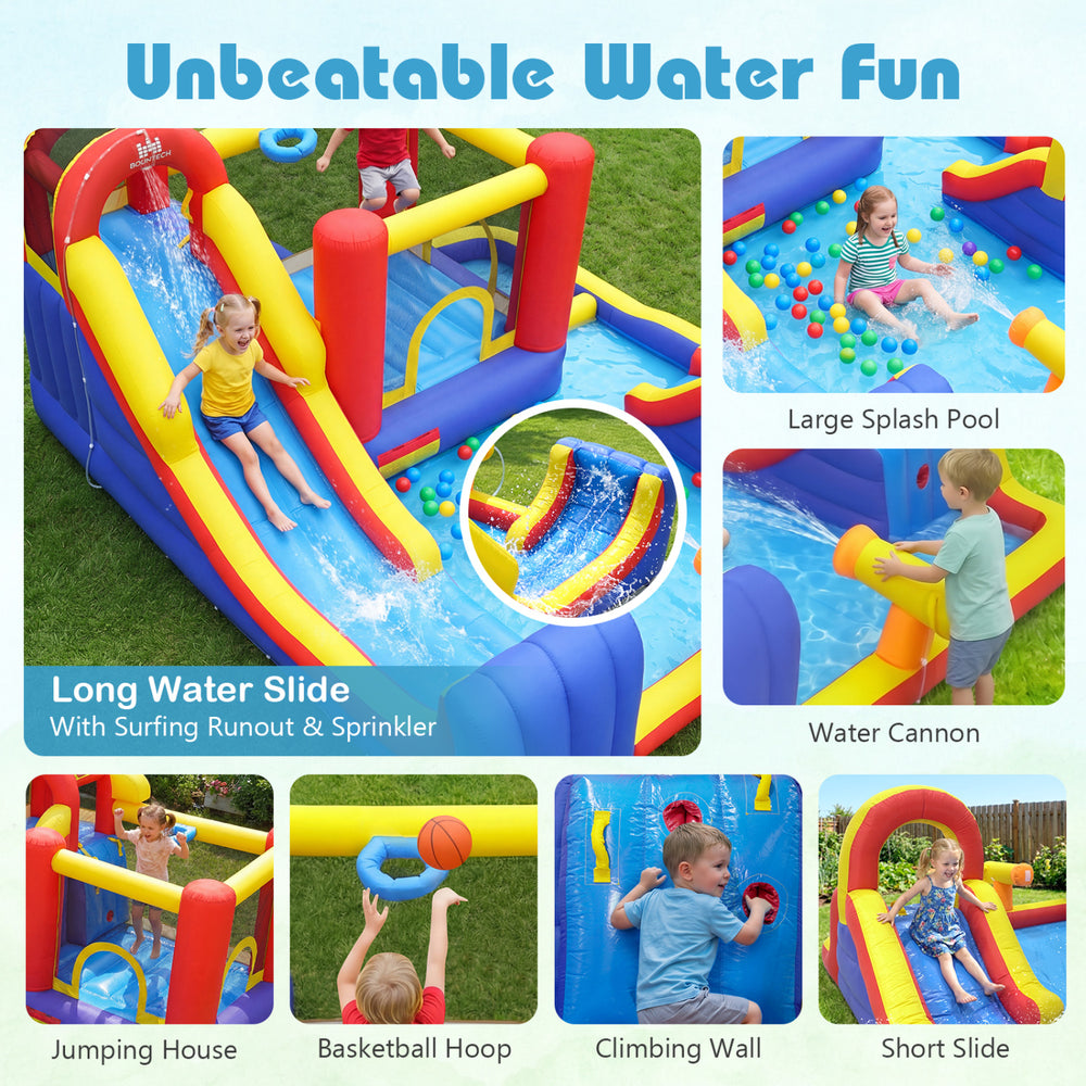 Inflatable bounce house with long water slide, splash pools, climbing wall, and basketball hoop for outdoor fun.