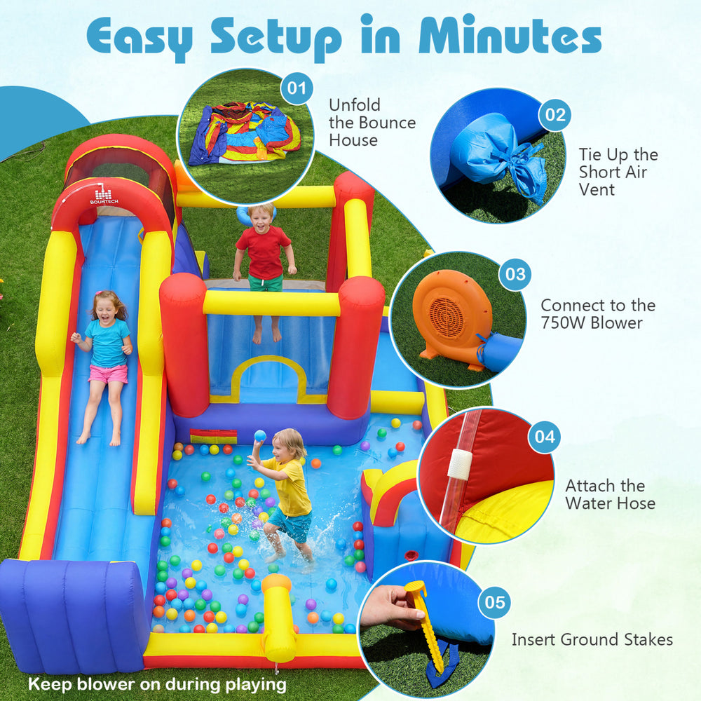 7 in 1 outdoor inflatable bounce house with water slides, splash pools, and 680W blower for backyard fun.