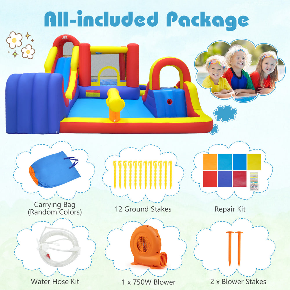 Colorful 7 in 1 outdoor inflatable bounce house with water slides, splash pools, and a 680W blower for backyard fun.