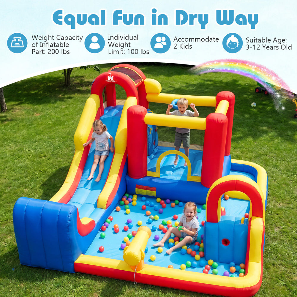 Inflatable bounce house with water slides, splash pools, and climbing wall, perfect for outdoor fun for kids aged 3-12.