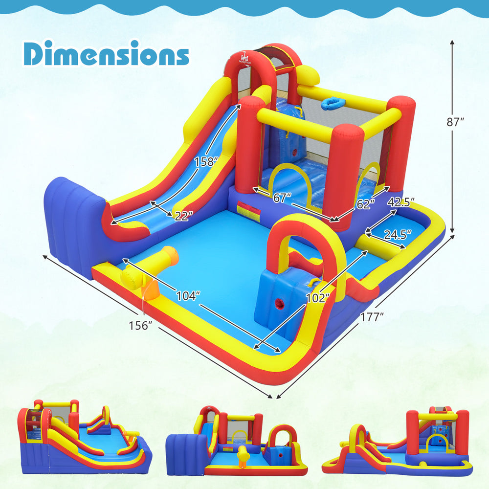 7 in 1 outdoor inflatable bounce house features water slides, splash pools, and a climbing wall for backyard fun.