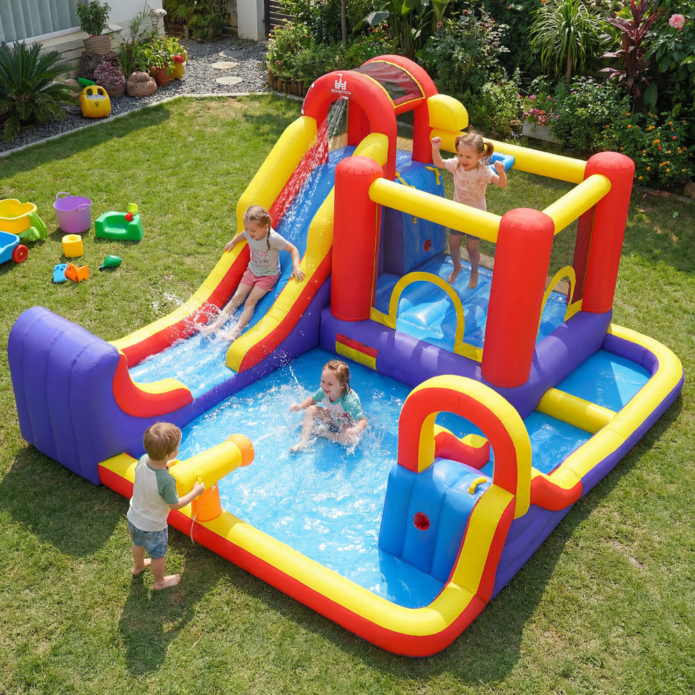 Colorful 7 in 1 outdoor inflatable bounce house with water slides and splash pools for endless summer fun.