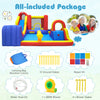 Inflatable bounce house with water slides, basketball hoop, and 680W blower for outdoor fun and stability with ground stakes.