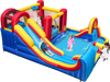 Colorful 7 in 1 inflatable bounce house with water slides and splash pools, perfect for backyard fun and entertainment.