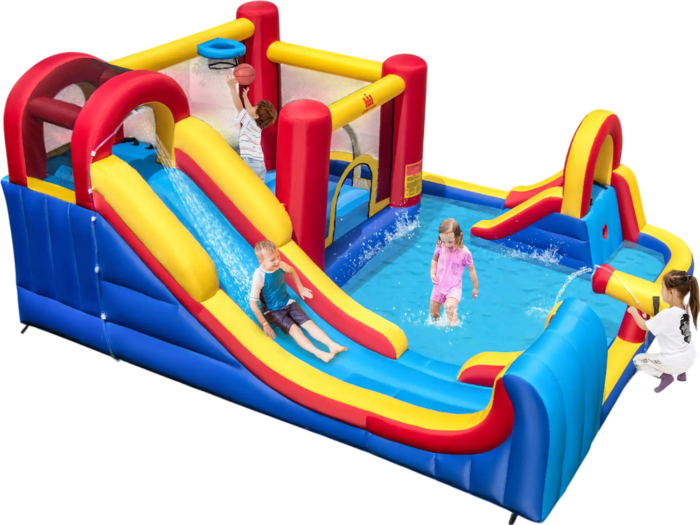 Colorful 7 in 1 inflatable bounce house with water slides and splash pools, perfect for backyard fun and entertainment.