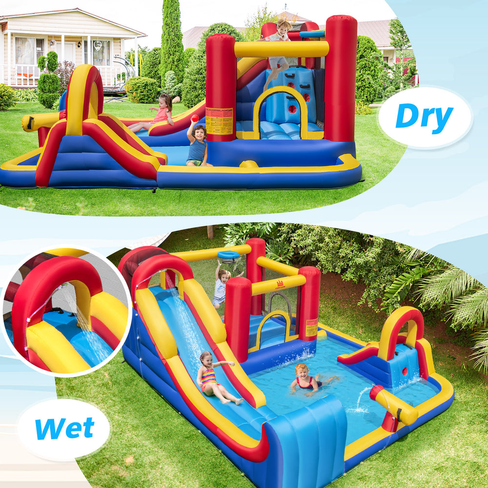 7 in 1 outdoor inflatable bounce house with water slides, featuring dry and wet play areas for backyard fun.