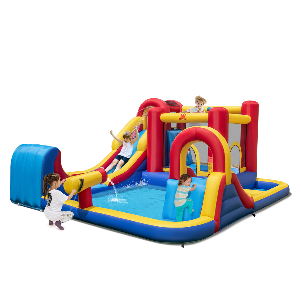Colorful 7 in 1 outdoor inflatable bounce house with water slides and splash pools, perfect for backyard fun.