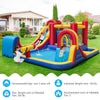 Outdoor inflatable bounce house with water slides, splash pools, and climbing wall for kids' fun in the backyard.