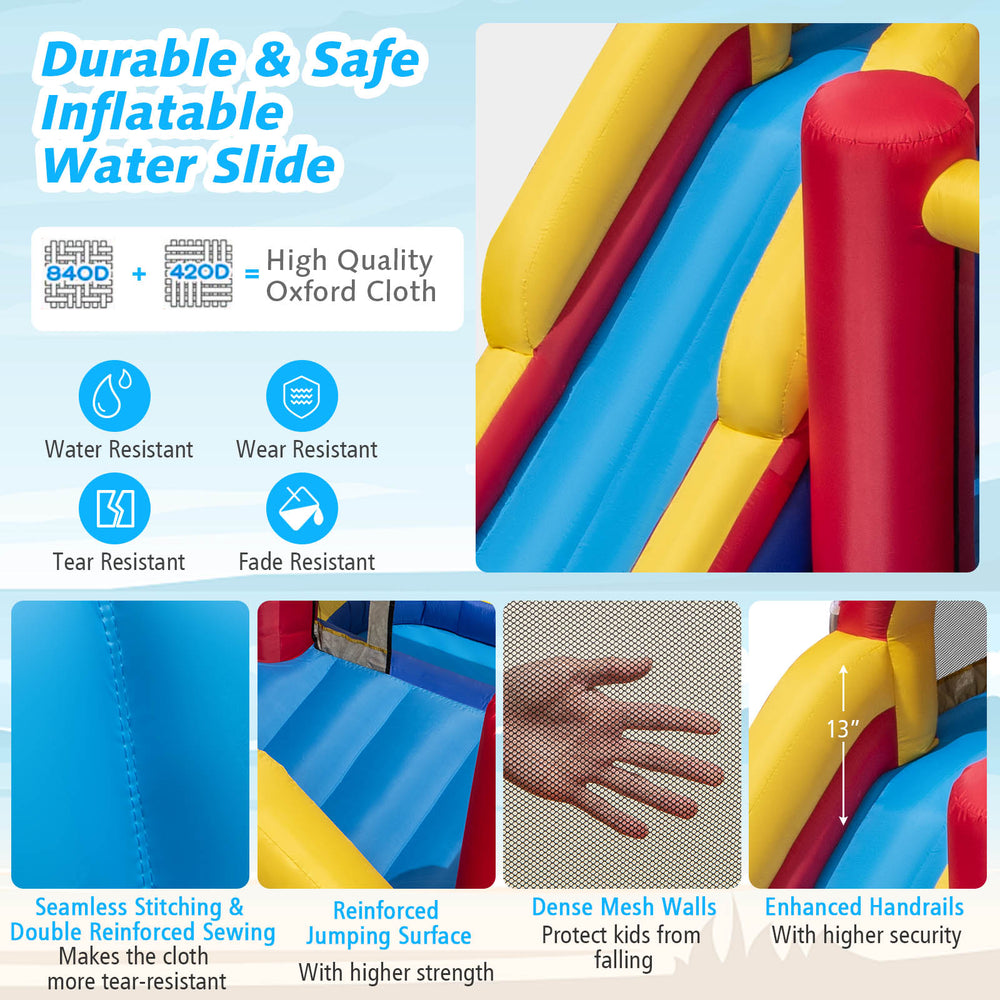 Inflatable bounce house with water slides, made of durable oxford cloth, ideal for backyard fun and water play.