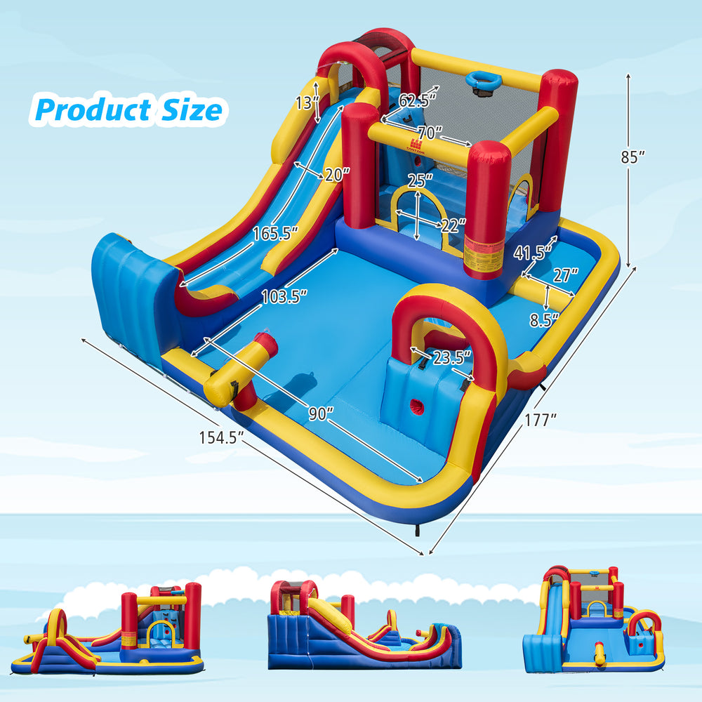 7 in 1 outdoor inflatable bounce house with water slides, splash pools, and climbing wall, ideal for backyard fun.