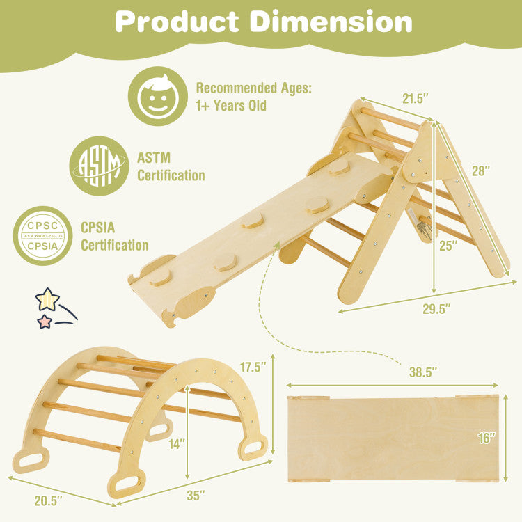 Dimensions of the 7-in-1 Pikler Triangle Set with climbing triangle, arch, and adjustable ramp for toddlers' indoor.