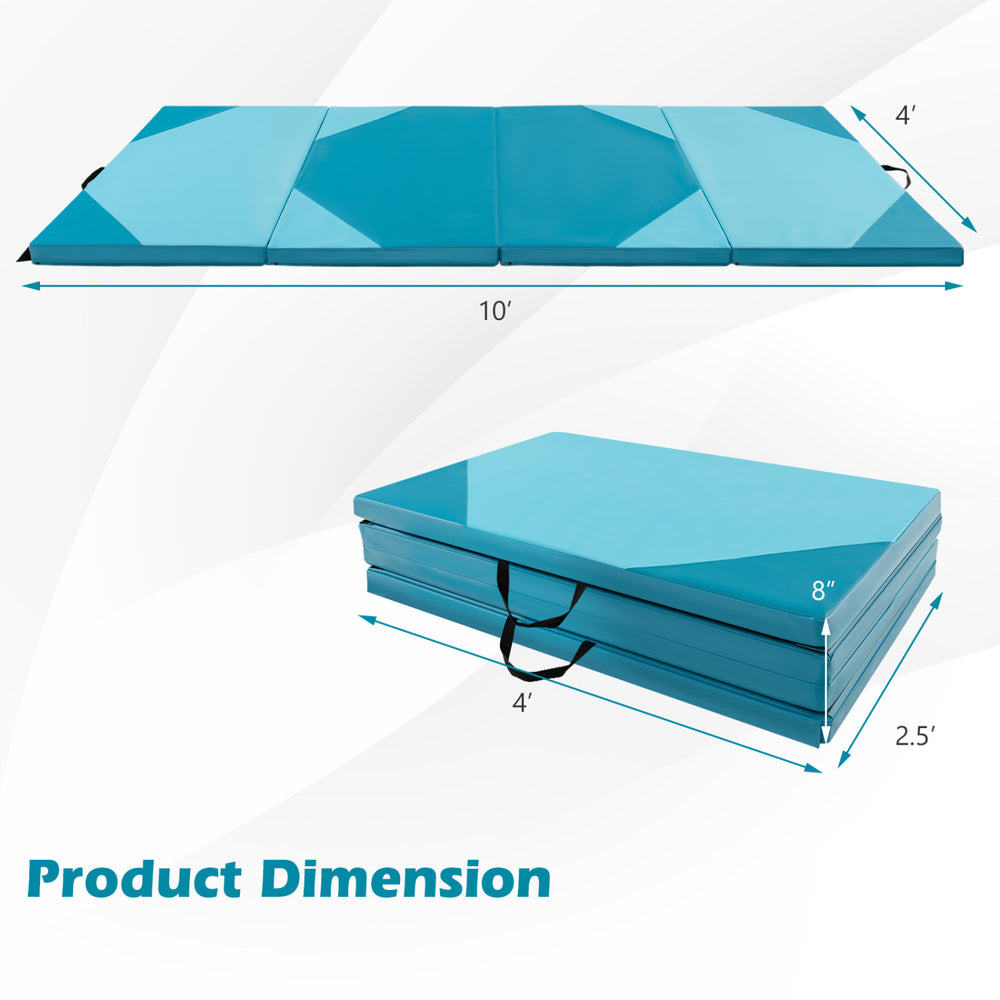 Folding gymnastics mat in blue, measuring 10' x 4' x 8", designed for kids' activities and easy storage.