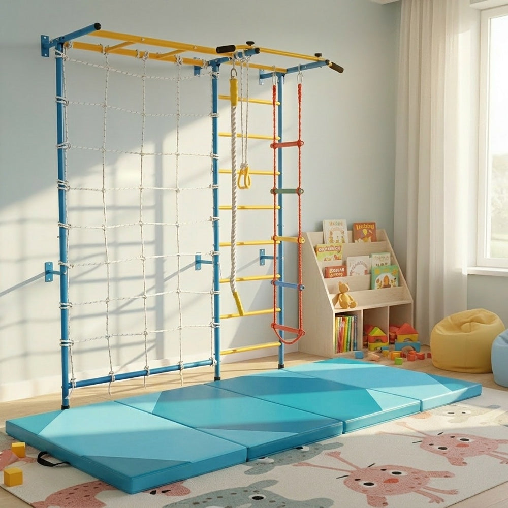 7-in-1 Swedish ladder with monkey bars and folding gymnastics mat for kids, ideal for indoor play and exercise.