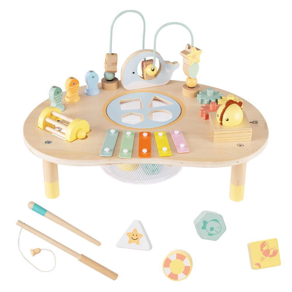Montessori 7-in-1 toddler activity table with xylophone, shape sorter, and bead maze for sensory play and learning.