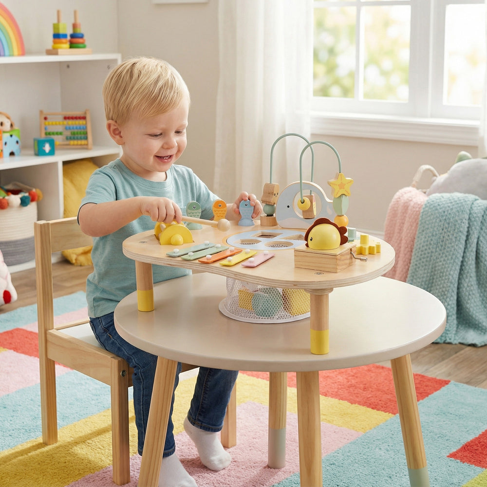 Toddler playing with the 7-in-1 Montessori activity table featuring a xylophone, shape sorter, and bead maze for.