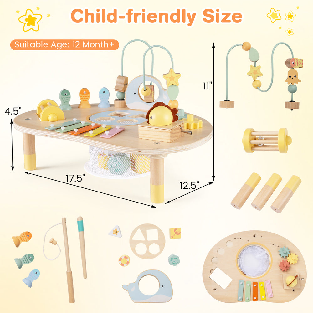 7-in-1 toddler activity table featuring a bead maze, xylophone, and shape sorter for sensory play and learning.