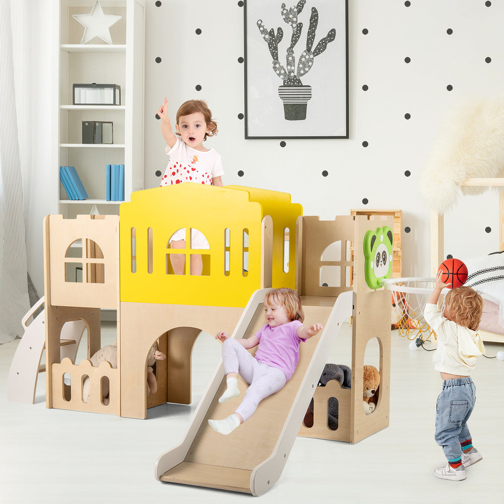 Multicolor 7-in-1 toddler slide set with climber, basketball hoop, and castle design for indoor and outdoor play.
