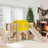 Multicolor 7-in-1 toddler slide set with climber, basketball hoop, and castle design, perfect for indoor play.