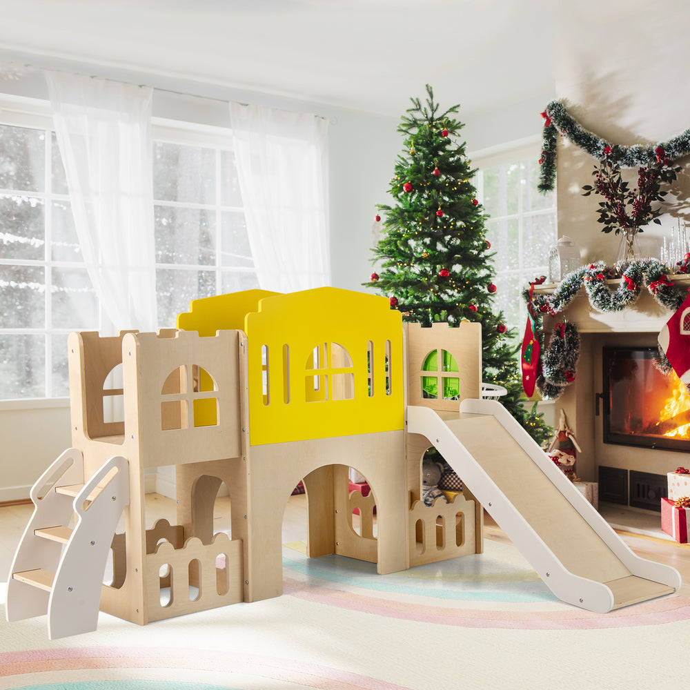 Multicolor 7-in-1 toddler slide set with climber, basketball hoop, and castle design, perfect for indoor play.