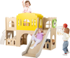 Castle-shaped 7-in-1 toddler slide set with climber and basketball hoop, perfect for indoor and outdoor play.