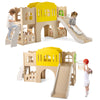 Multicolor 7-in-1 toddler slide set with climber and basketball hoop, featuring a castle design for indoor and outdoor.