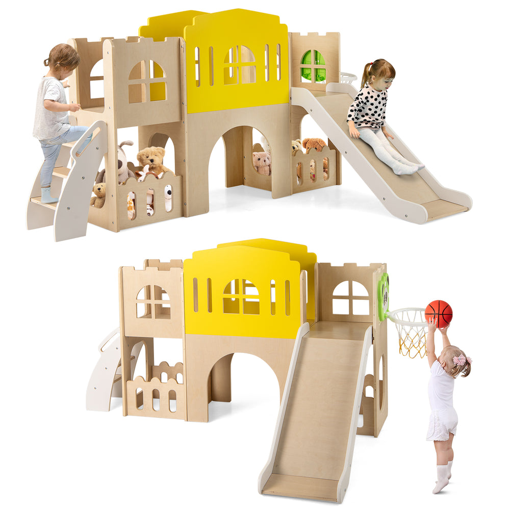 Multicolor 7-in-1 toddler slide set with climber and basketball hoop, featuring a castle design for indoor and outdoor.