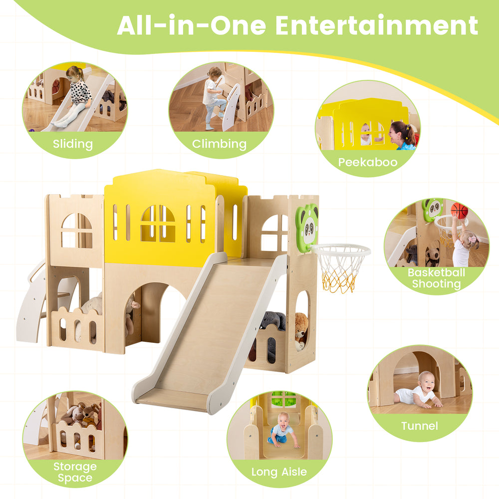 Multicolor 7-in-1 toddler slide set featuring a climbing area, basketball hoop, and peekaboo windows for indoor fun.