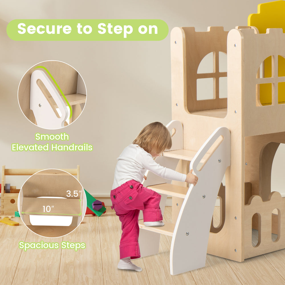 Toddler climbing steps of the 7-in-1 slide set, featuring smooth handrails and spacious steps for secure play.