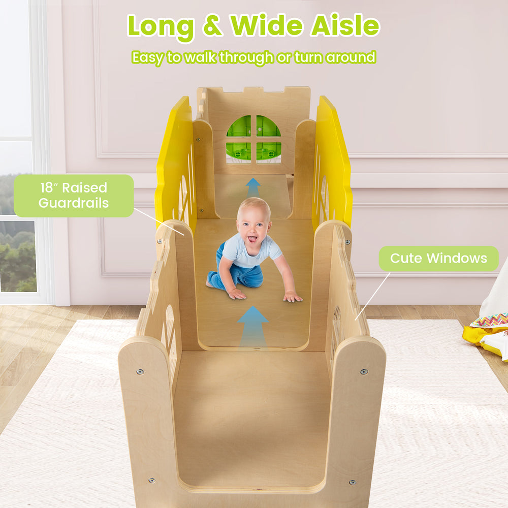 Toddler climbing aisle of the 7-in-1 slide set with raised guardrails and cute windows for safe play and fun.