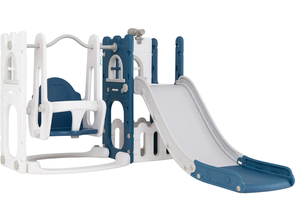 Toddler swing and slide set in blue with ladder, basketball hoop, and safe play features for outdoor fun.