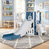 L-shaped 7-in-1 toddler swing and slide set in blue with slide, ladder, and basketball hoop for safe play.