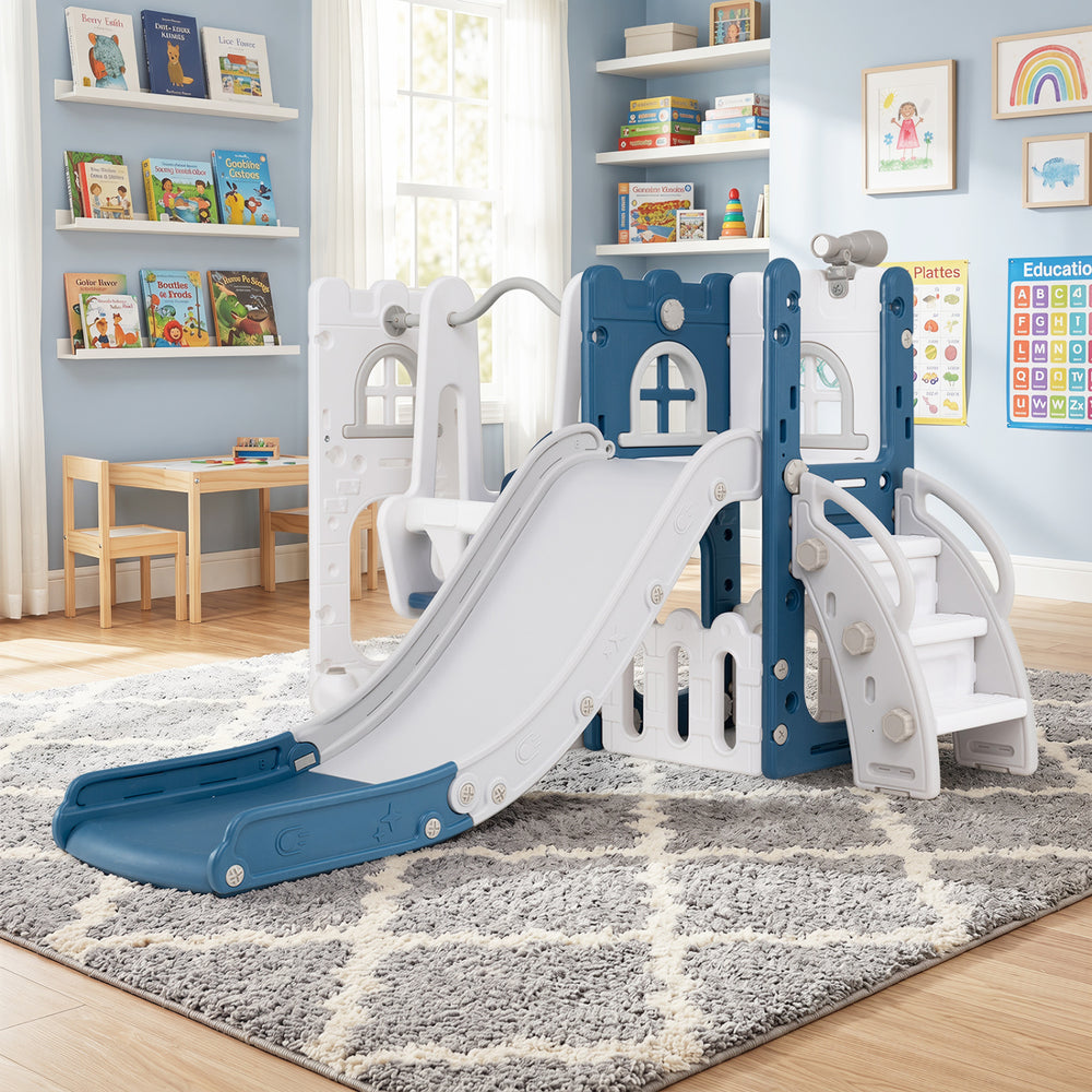 7-in-1 Toddler Swing and Slide Set L-shaped with Ladder and Basketball Hoop-Blue - Gallery View 1 of 10