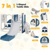 L-shaped 7-in-1 toddler swing and slide set in blue with slide, swing, climber, and basketball hoop for safe play.