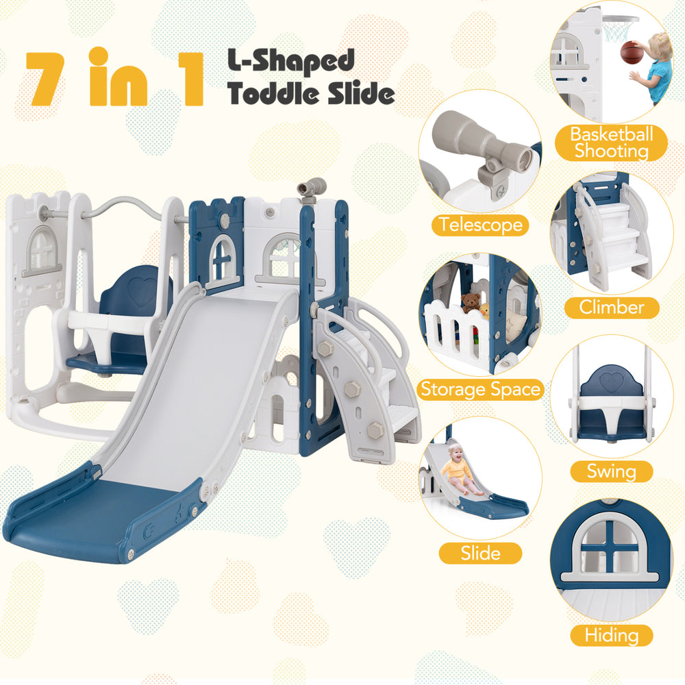 L-shaped 7-in-1 toddler swing and slide set in blue with slide, swing, climber, and basketball hoop for safe play.