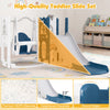 L-shaped toddler slide set in blue with safety features, including handrails and non-slip steps for secure play.