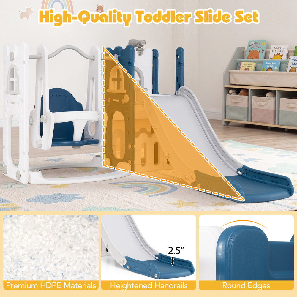 L-shaped toddler slide set in blue with safety features, including handrails and non-slip steps for secure play.