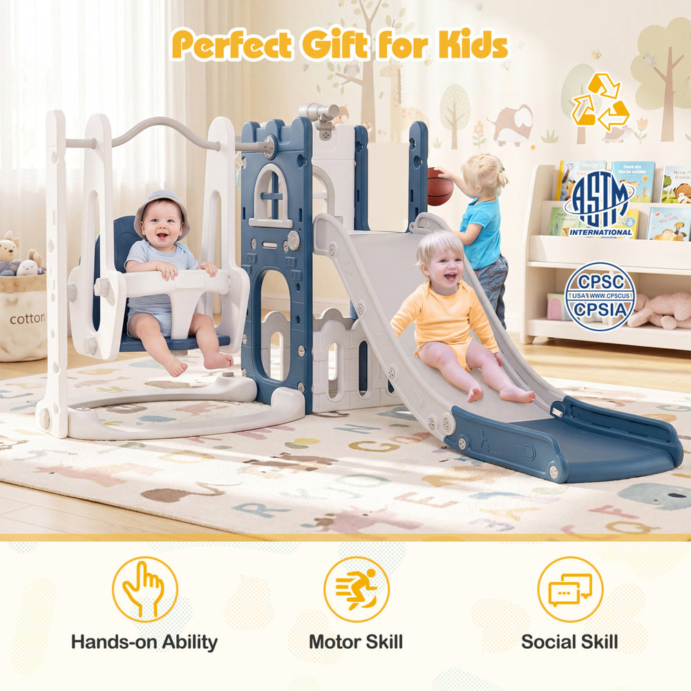 L-shaped 7-in-1 toddler swing and slide set in blue, featuring a slide, swing, and basketball hoop for active play.