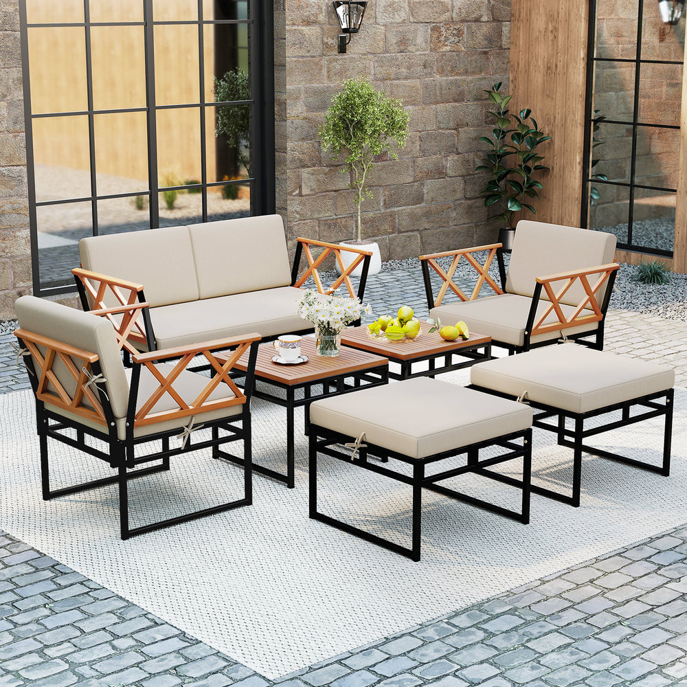 Beige cushioned loveseat with acacia wood armrests and bungee rope support, perfect for relaxing on the porch or patio.
